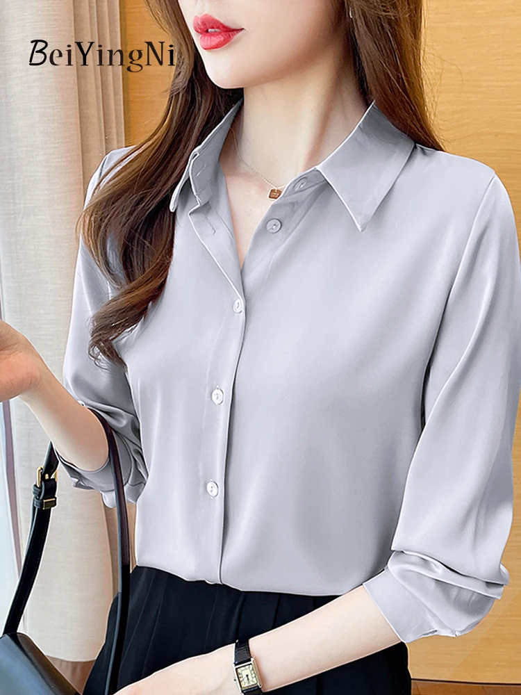 

Повседневные корейские женские рубашки Beiyingni, однотонные роскошные новые модные атласные блузки, офисные женские элегантные белые блузки на пуговицах, топы