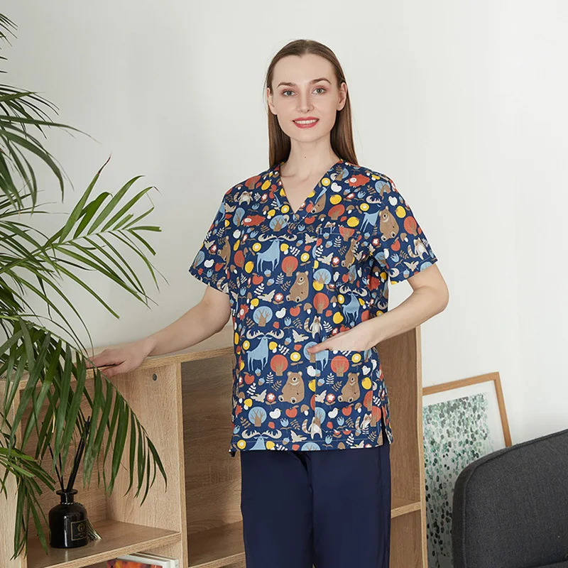 Nurse Scrubs Top Nurse Uniform Suits Nurse Uniform Dress Working Uniform Blouse Stretch Quick-drying Cartoon Print Nurse Uniform for Women V-neck Short-sleeved T-shirt Top Surgical Gown Overalls for Men
