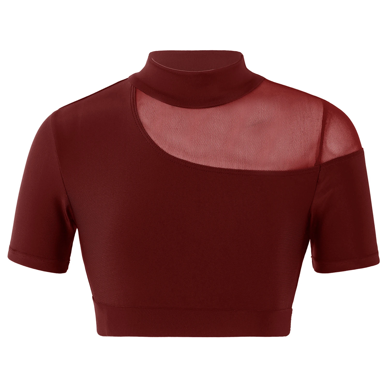

Kids Girls Ballet Tops Workout Gymnastics Costume Mock Neck Short Sleeve Asymmetrical Mesh Patchwork Dance Crop Top Jazz Wear