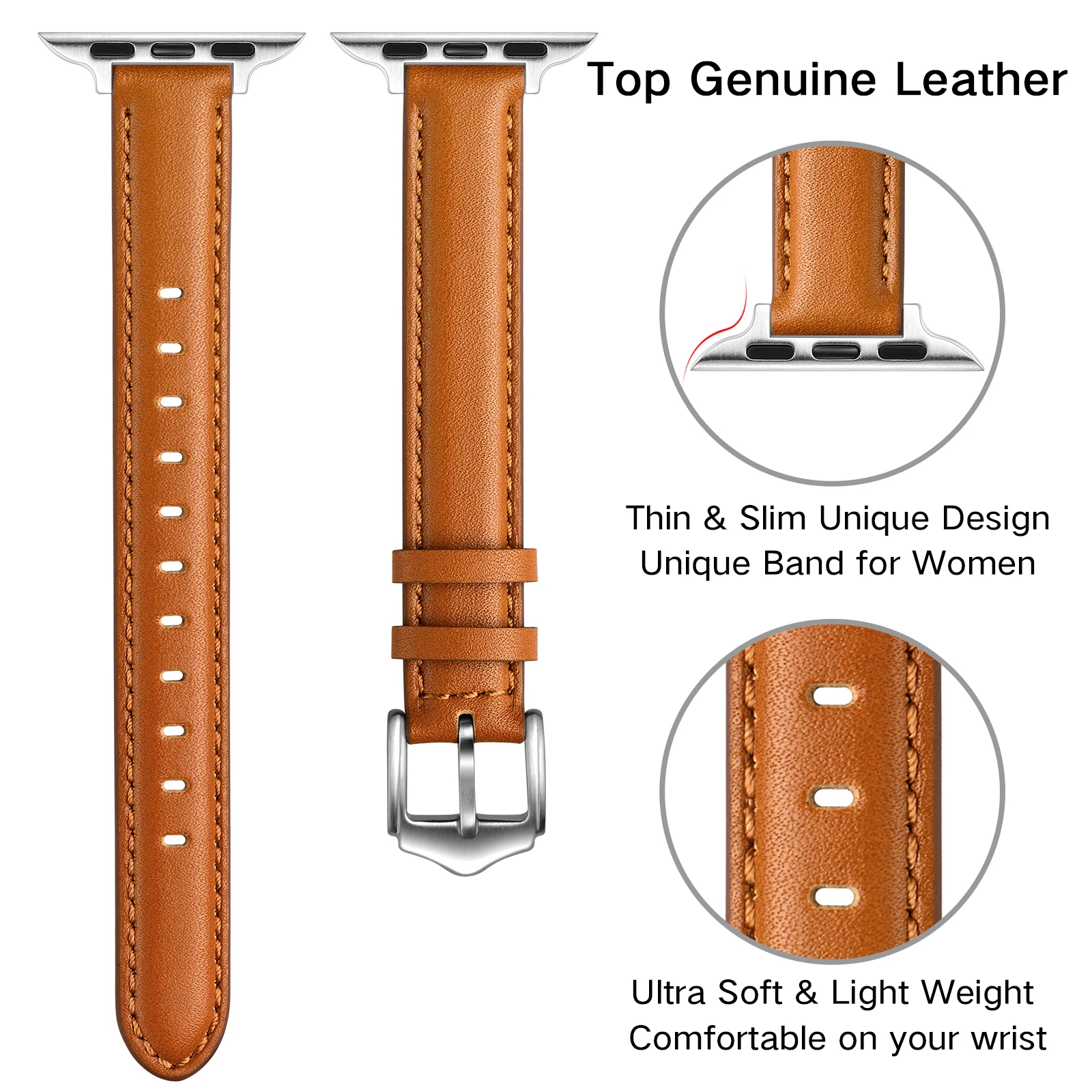 TOP Leather Strap Lady for Apple watch band 40/41/42/44/45/49mm iwatch series 8765432 Light Brown Silver stainless steel buckle