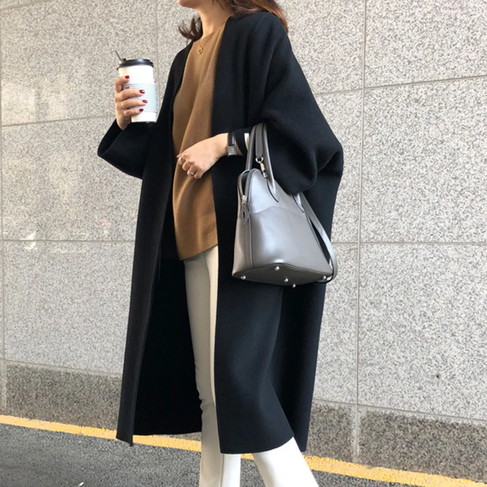 Women Cardigan Blends Round Neck Long Coats Casual Straight Wool Coat Loose Fit Full Sleeve Solid Splice Outwear Regular 2025 - 6