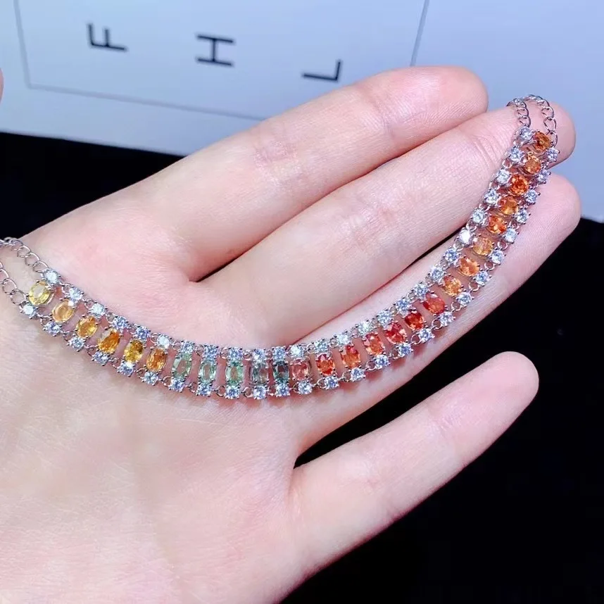 Total 3ct Natural Sapphire Bracelet for Office Woman 26 Pieces 3*4mm Multi-color Sapphire 925 Silver Bracelet with Gold Plating
