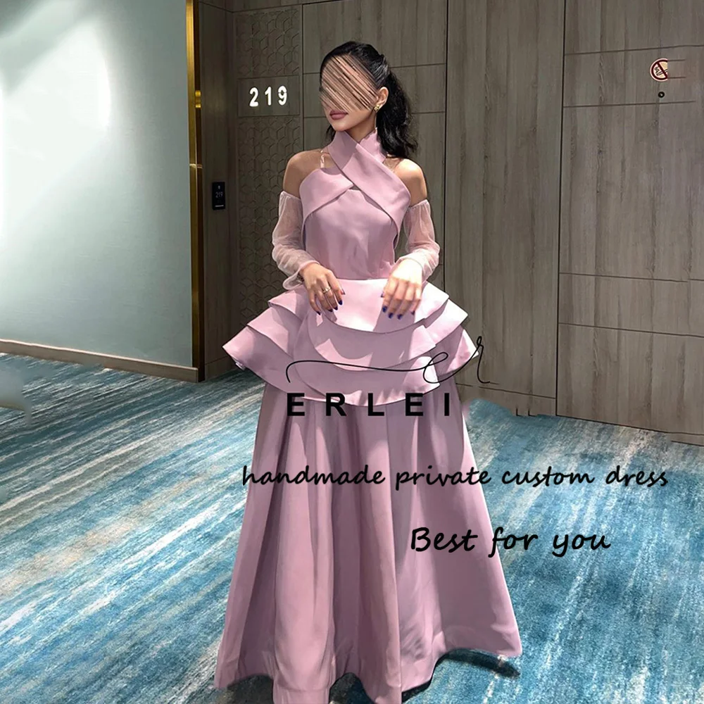 

Saudi Arabic Evening Dresses Halter Tiered Satin A Line Dubai Formal Dress Customized Women Celebrate Prom Gowns