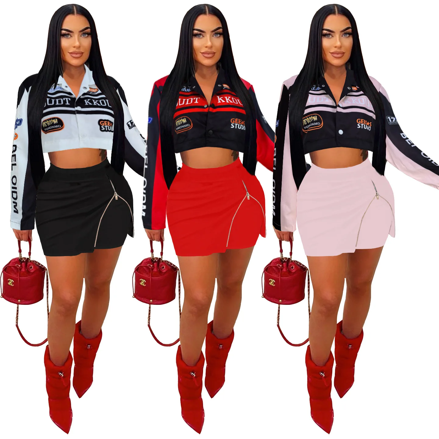 Women Vintage Casual 2 Piece Set Spring 2024 Letter Print Single Breasted Short Jacket Zipper Skirt Motorcycle Streetwear Outfit