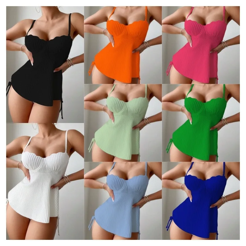 

2024 Новый Женский Повседневный однотонный плиссированный бикини на бретельках сексуальный раздельный купальник