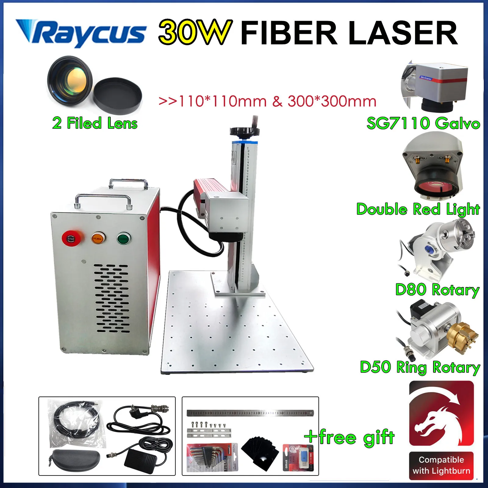 

20W 30W Raycus Split type Fiber Laser Machine 50W JPT LP Metal Laser Marking Machine With SG7110 Galvo, Double Red Light Head