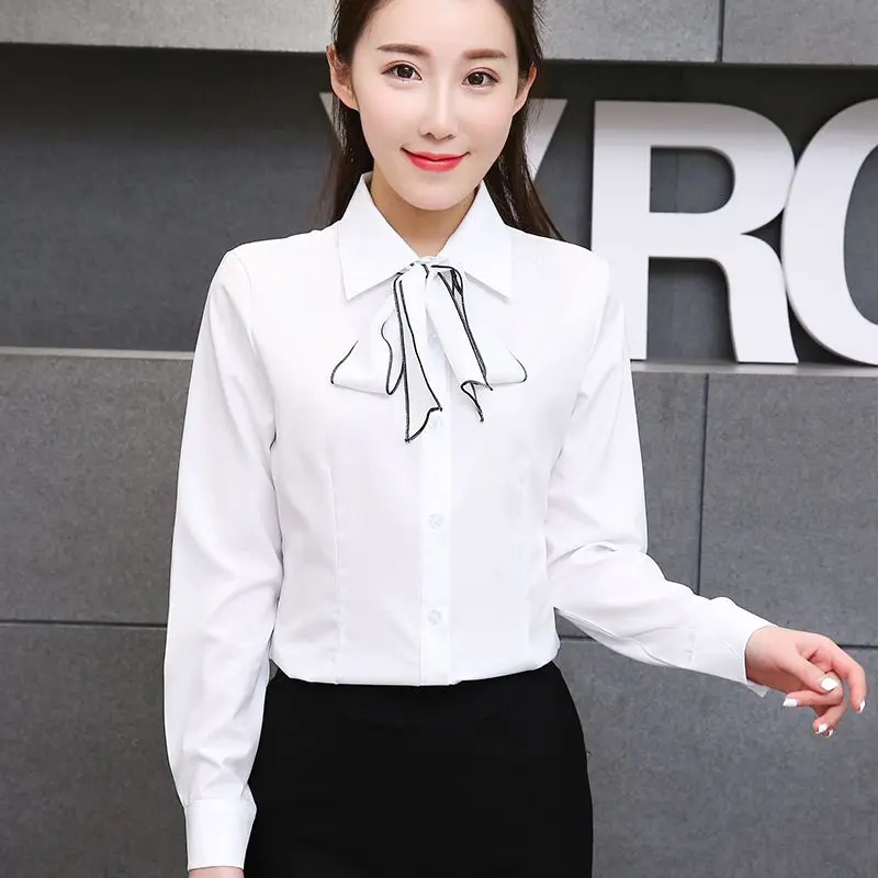 Spring Summer New Simplicity Bow Solid Color Shirt Tops Long Sleeve Polo Neck All-match Blouse Fashion Office Women Clothing