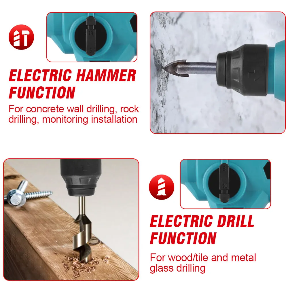 1000W 3600rpm Portable Cordless Hammer  Hammer Impact Drill Perforation Concrete Power Tools For Makita 18V Batteries 2