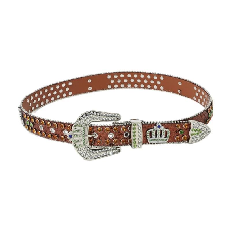 

Punk Adjustable Buckle Waist Belt with Studded Cowgirl Crystal PU Faux Leather Waistband for Women Jean HXBA