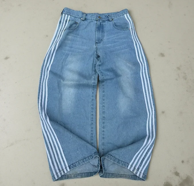Y2K American Retro High Waisted Jeans Loose Wide Leg Pants Harajuku Style Street Striped Gothic Niche Design Casual Pants 1