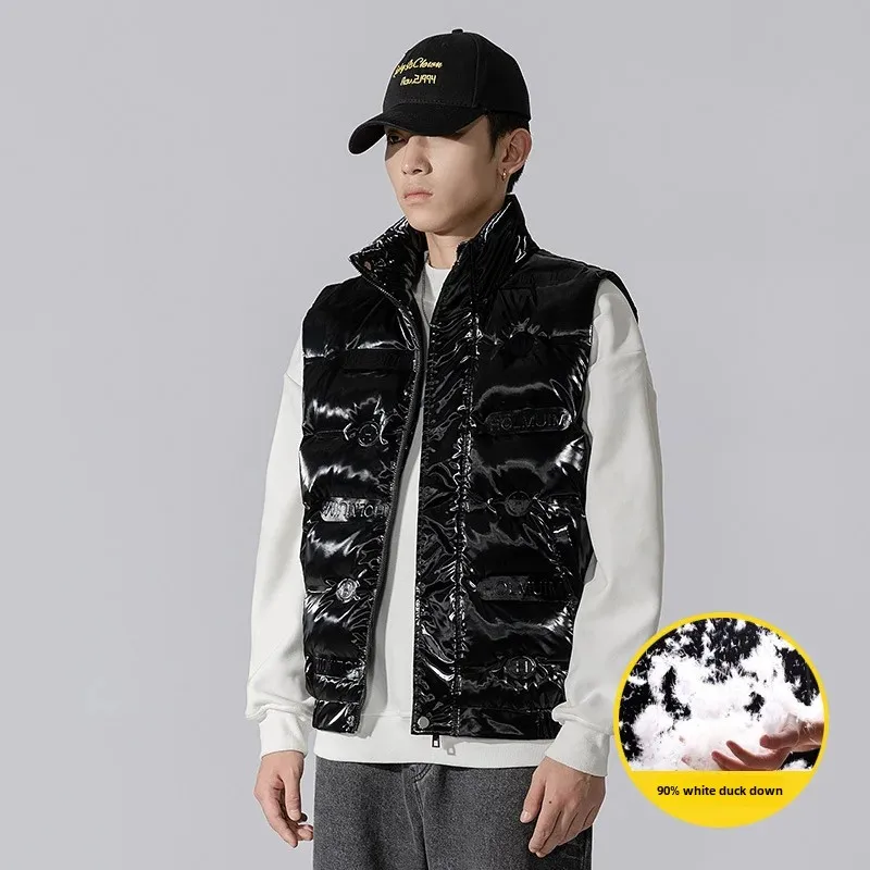 Trendy Korean Style Stand Collar Down Vest For Men Loose Fit Winter Outerwear Zippered Bright Face Vest Jacket Motorcycle Rider'