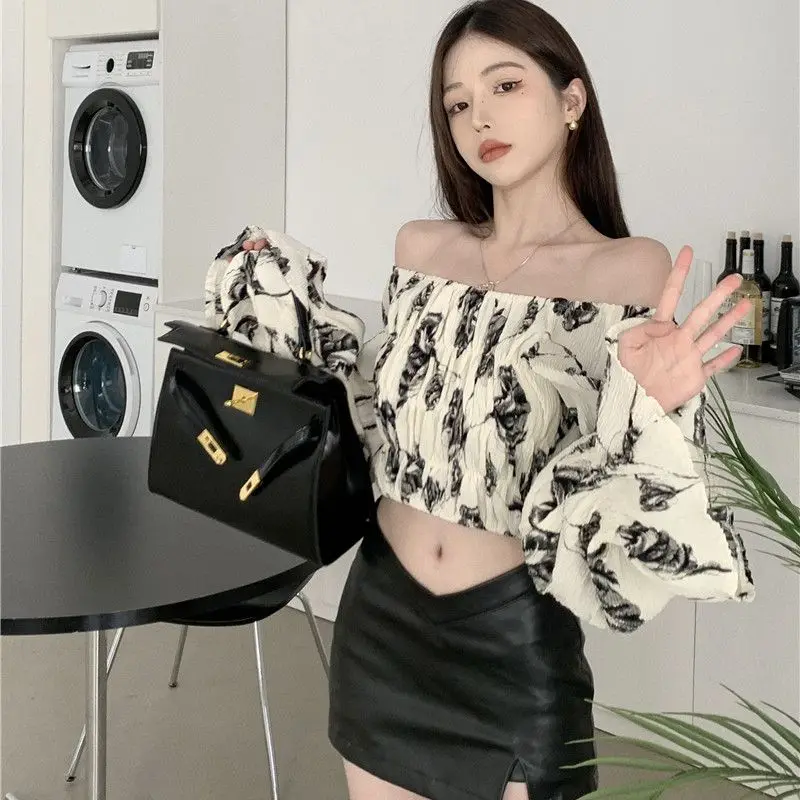 Ink and Wash Printed Shirt for Female Off Shoulder Long Sleeved Short Design Stretched Chiffon Top Sexy Woman Floral Blouses new design seamless connection random splicing honeycomb hexagonal led lights for car wash workshop