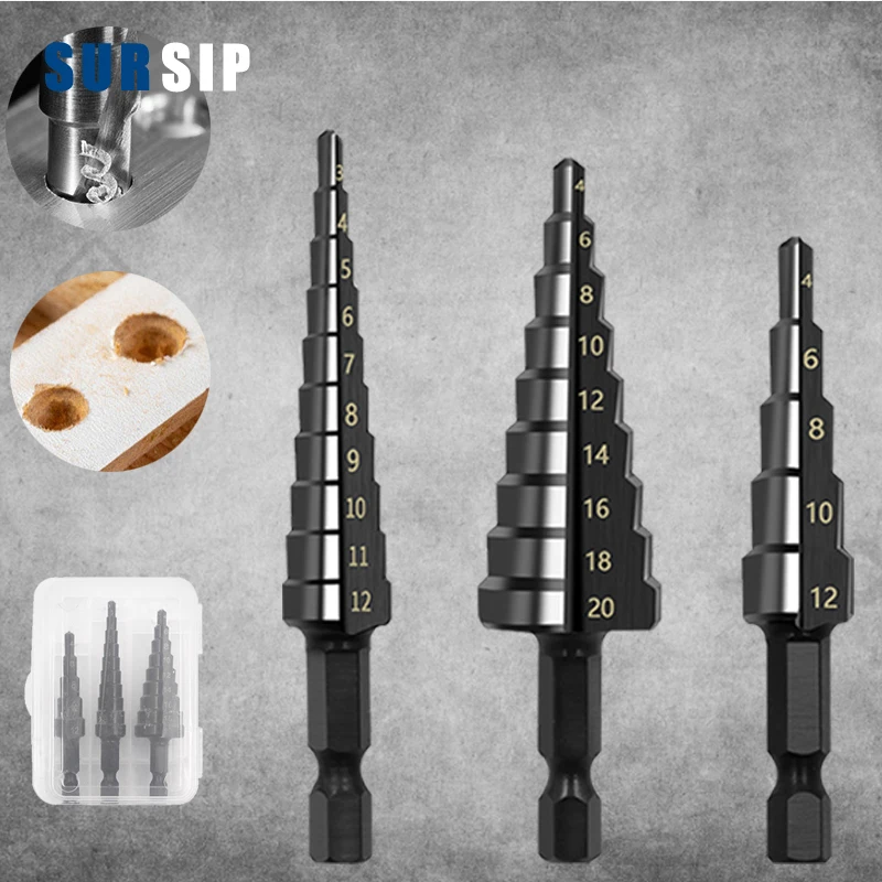 

3Pcs/set 3-12mm 4-12mm 4-20mm HSS Straight Groove Step Drill Bit Titanium Coated Wood Metal Hole Cutter Core Drilling Tools Set