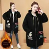 Plus Size Women's Printed Hoodie Cardigan Medium Length Thickened Warmth Fleece Lined Outerwear Coat for plus Size Women
