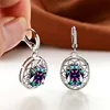 Big Rainbow Zircon Hoop Earrings Boho Silver Color Wedding Earrings Multicolor Crystal Oval Stone Flower Earrings For Bridesmaid