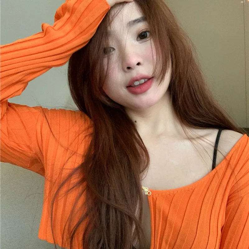 Women Long Sleeve Sexy Blouses Cardigan V Neck Low Cut Slim Fit Crop Top Casual T Shirt Knitted Shirt 2