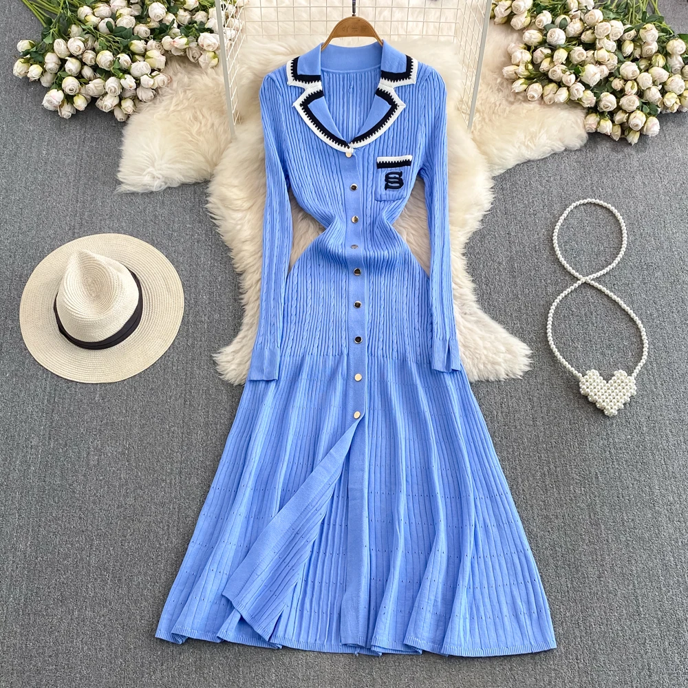 

Fashion color contrast long-sleeved lapel single-breasted A-line knit dress