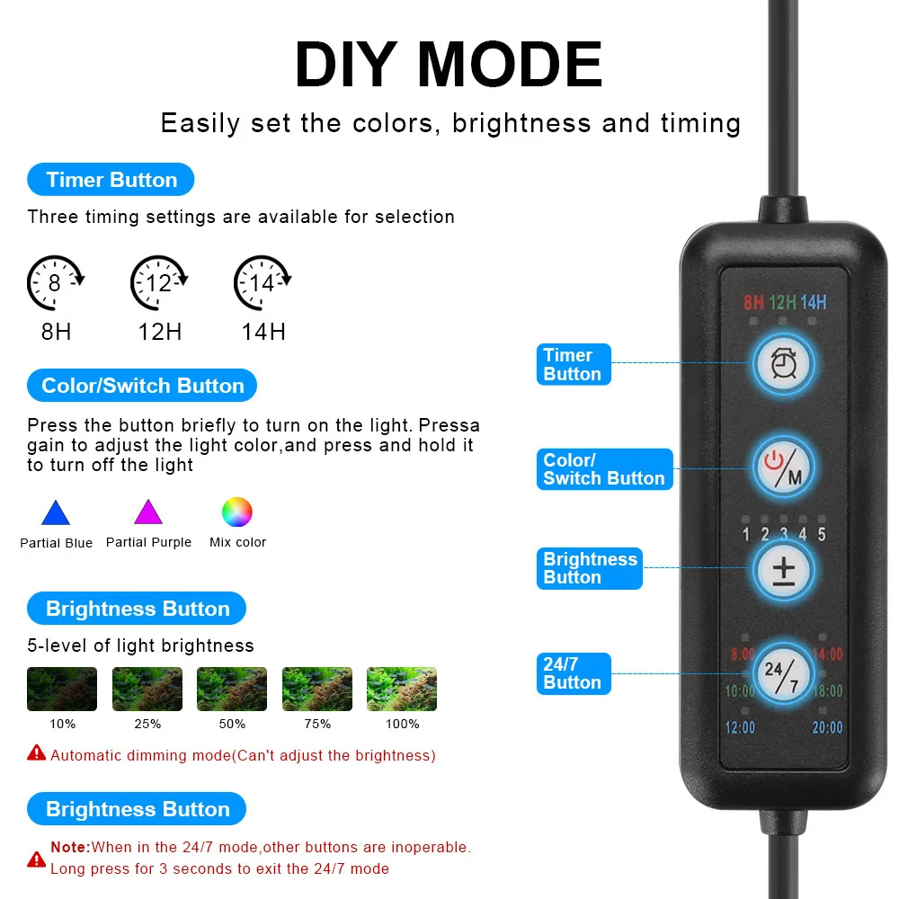 Aquarium LED Light with Full Spectrum & Timer - Dimmable 24/7 Illumination