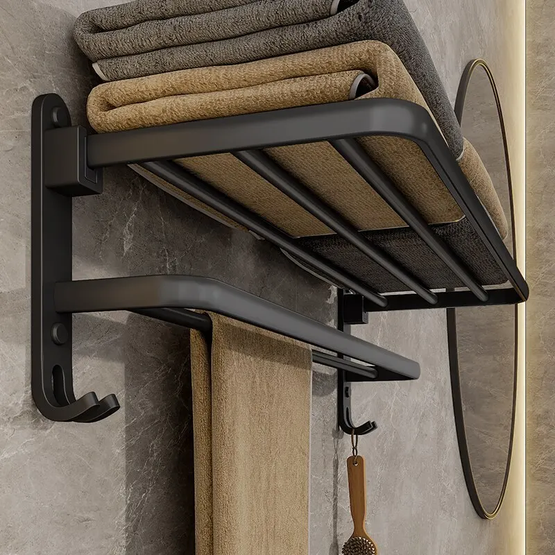 Towel rack towel holder bathroom hardware set towel hanging clips towel hooks 40/50/60CM bathroom towel holder folding holder with hook bathroom accessories wall mount rail shower hanger aluminum bar shelf