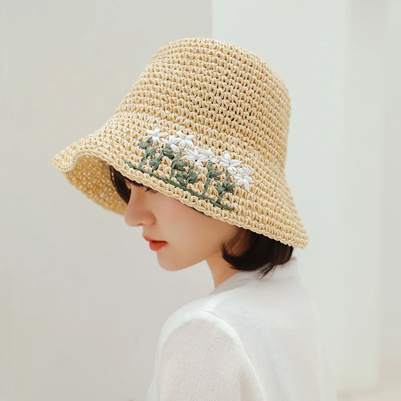 여성용 빨대 모자, 수제 짠 후크, 꽃 어부 모자, 접이식 야외 모자, 태양 모자, 여름 신상