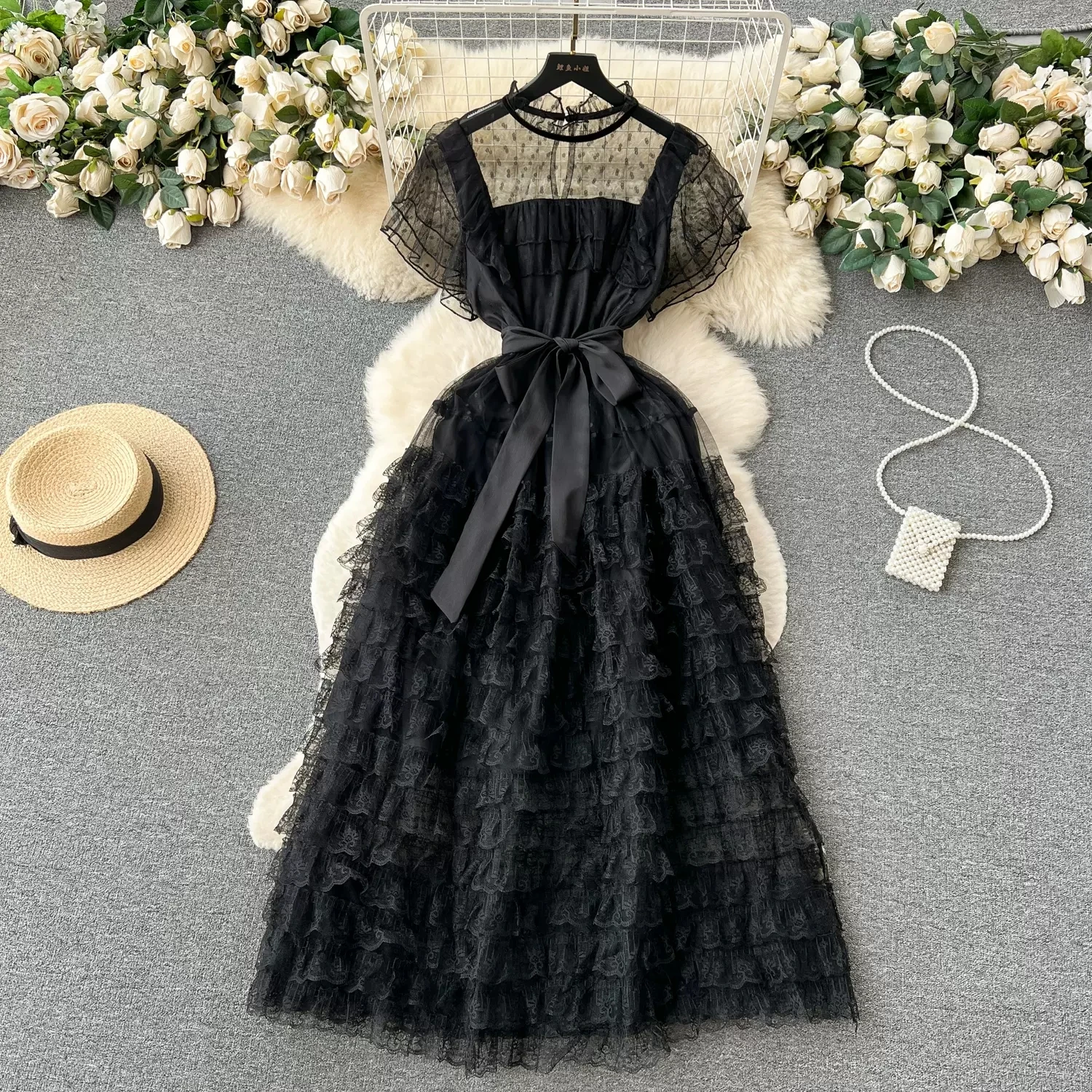 

Женское платье с высокой талией, кружевное плиссированное платье-трапеция с высокой талией и открытой спиной, повседневное вечернее праздничное платье во французском стиле