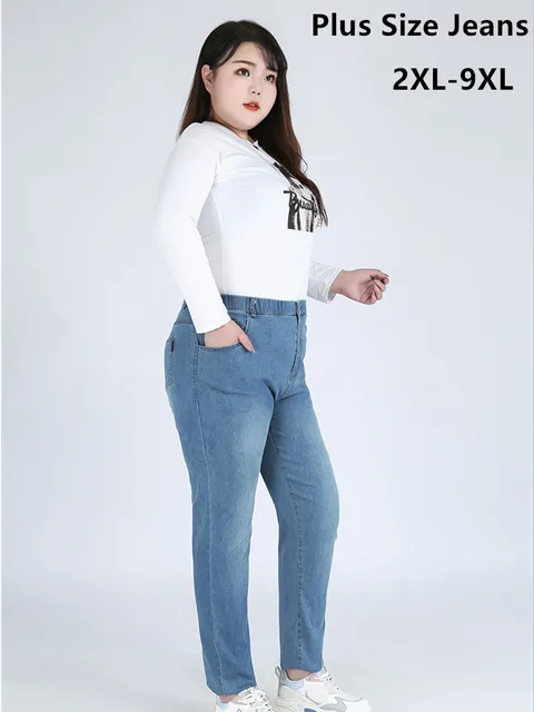 Classic Blue Women Pant Jeans 9XL 140KG 7XL 6XL Plus Size Large High Waist Elastic Denim Pants Female Casual Slim Fit Trousers 1