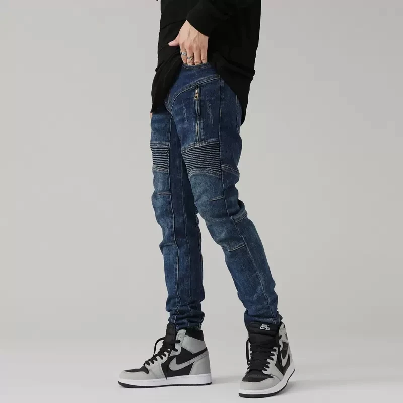High Street Fashion Men Jeans Retro Blue Elastic Slim Fit Impiombato Biker Jeans Uomo Zipper Designer Patched Hip Hop Pants Hombre