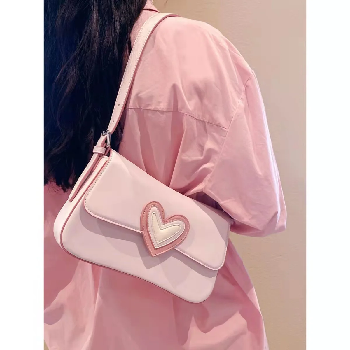 Sweet Women's Love Heart Shoulder Bag Fashion Silk Scarf Ladies Clutch  Purse Handbags Pu Leather Female Simple Underarm Bags