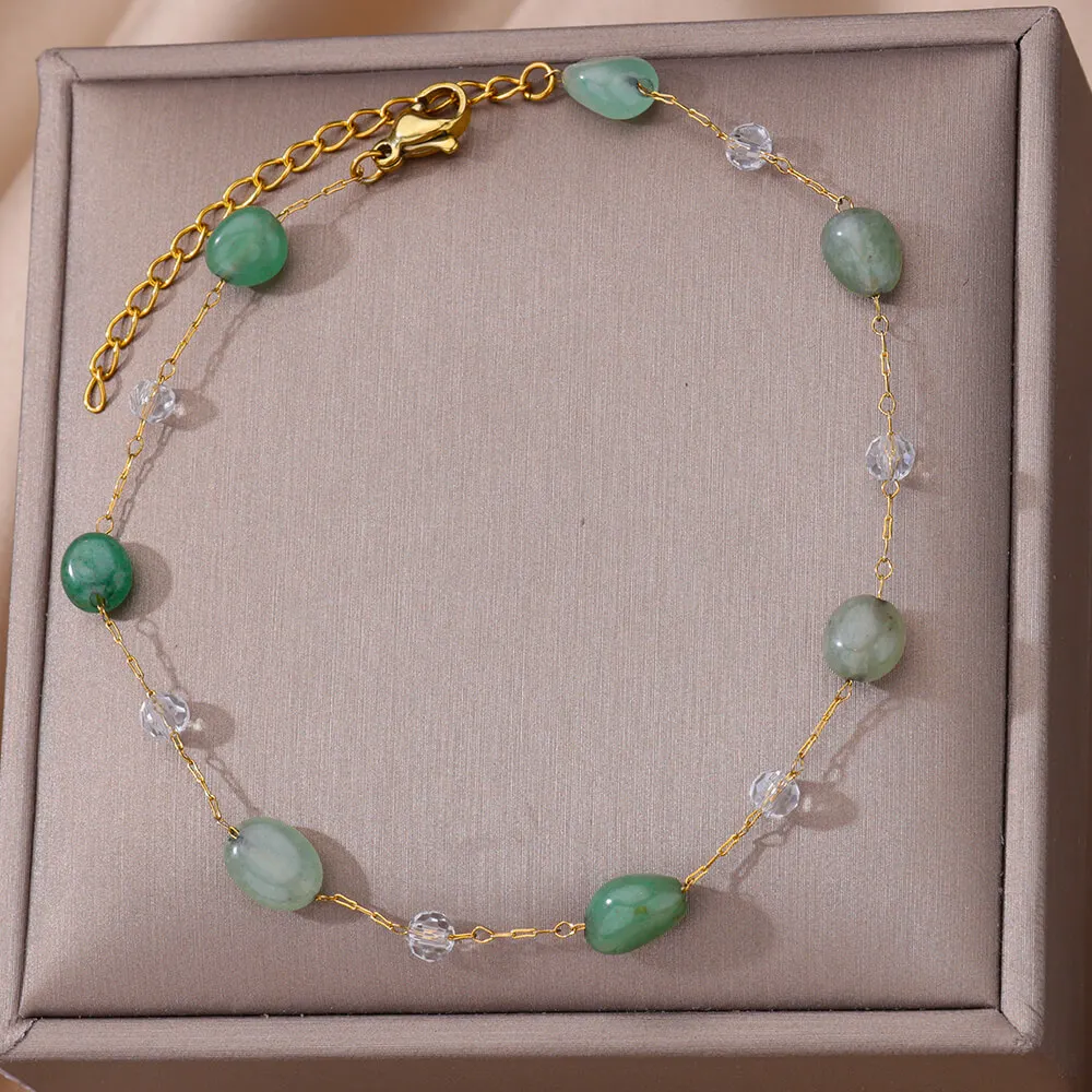 Natural Stone Stainless Steel Anklets For Women Gilrs Double Layed Anklet Bracelet Femme Summer Jewelry Gift ankle chains silver anklet bracelet beads anklet
