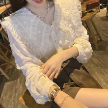

Fashion Woman Blouses 2022 Spring Niche Sweet Chic Doll Collar White Long-sleeved Ruffles Shirt Korean Ladies Clothing New Items