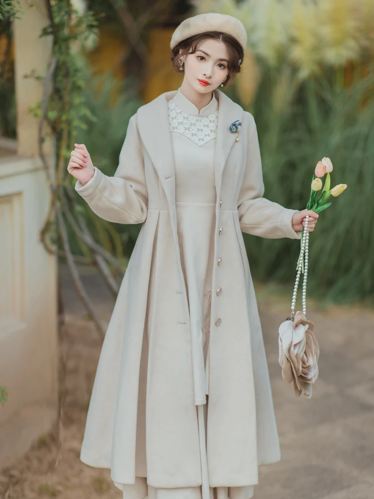 Korean Women Hepburn Coat Single-breasted Cashmere Wool Long Woolen Jacket  Cashmere Women Blend Coat Lady Coats Jackets