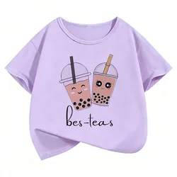 Whimsical Kawaii Tea Party Kids' Cartoon T - Shirt - Short Sleeve Casual Top - 160 (PURPLE)