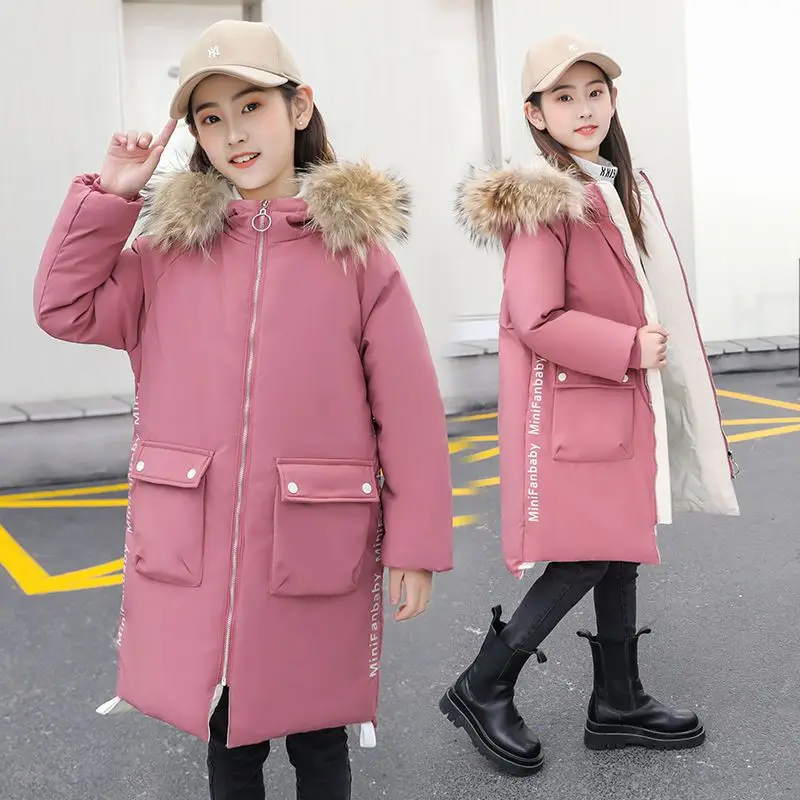 

New Winter Girls Children clothing Down cotton Jacket Teen Warm faux fur Hoodids Coat Kids Parka Girls Hooded clothes 5-12Yrs