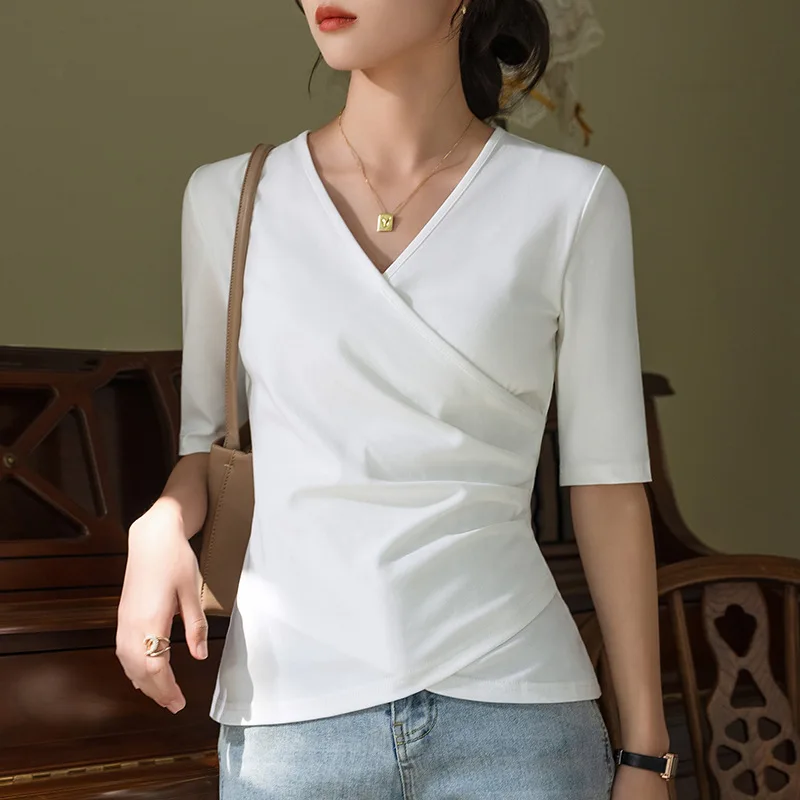 

HIgh Quality 2024 Women Tops Wrinkle Splice Spring Summer T- Shirt Female Clothing Sexy Crop Top Clothes Fashion Blouse Y2k