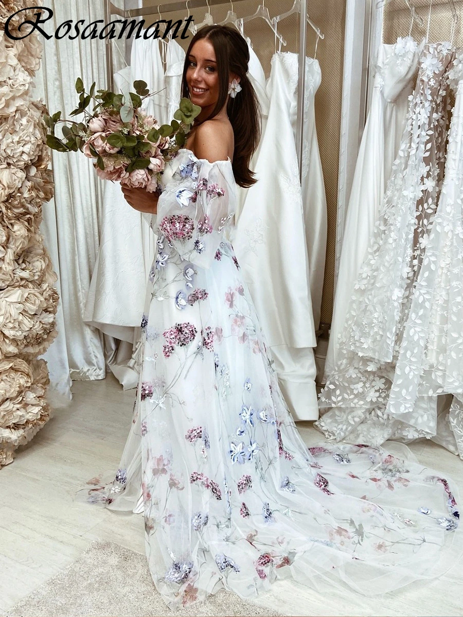 

Floral Print Long Sleeve A-Line Wedding Dresses Off The Shoulder Front Split Bridal Gowns Robe De Mariée