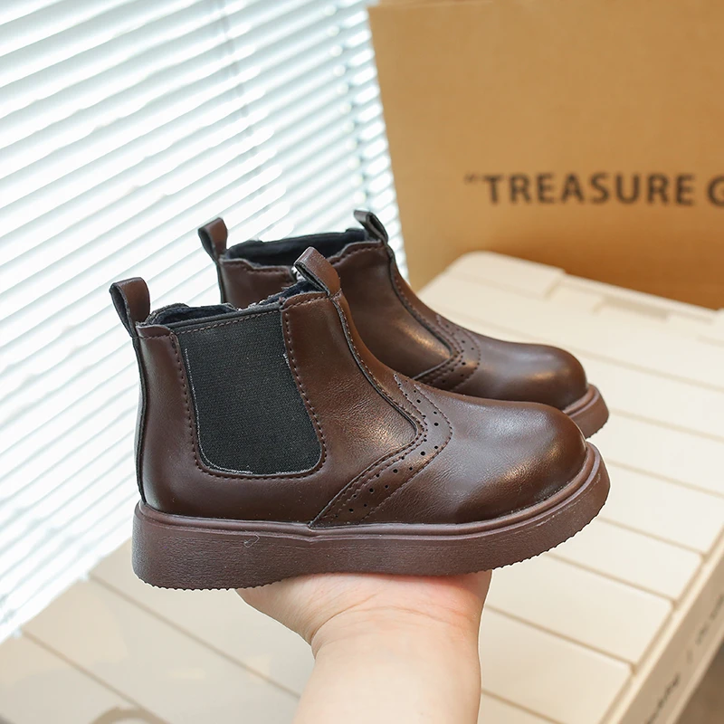 Brown Black PU Kids Chelsea Boots Zipper Round Toe