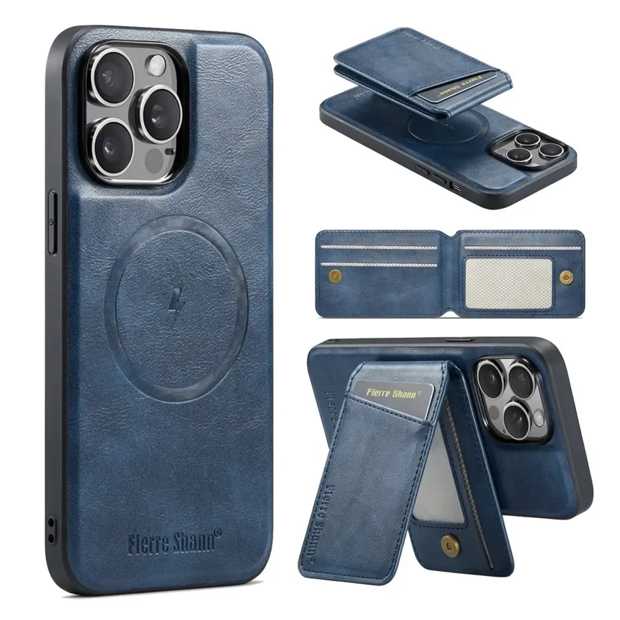 Magnetic Detachable Leather Wallet Phone Stand with Wireless Charging Compatibility