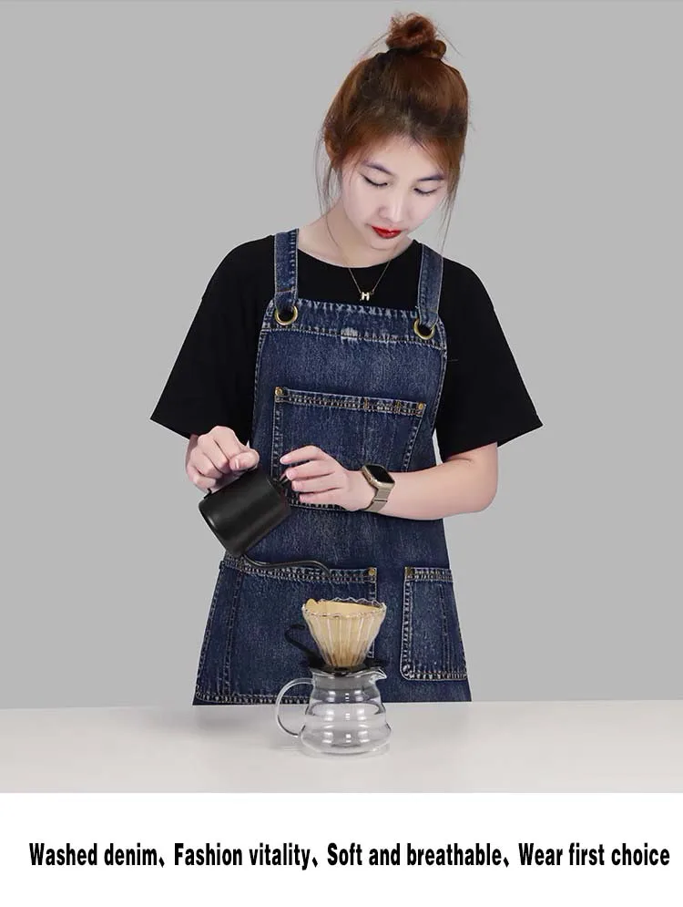 Schwarz-blaue Denim-Schürze mit verstellbarer Taille für Männer und Frauen – ideal für Restaurant, Café, Friseur, Bäckerei, Arbeitskleidung – Detail 2