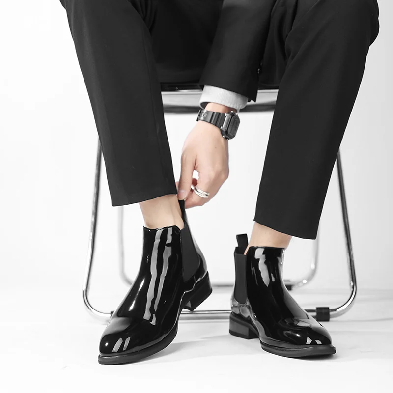 Chelsea Boots for Men Patent Leather Black Buckle Ankle Round Toe Business Classic Handmade Men Short Boots Botas De Hombre