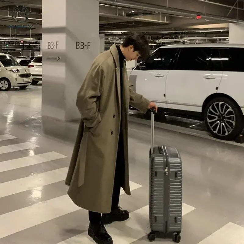 New Men Autumn Winter Coat Fashion Solid Color Atmospheric Long Single-breasted Loose Woolen Long Coat Korean Style All-match