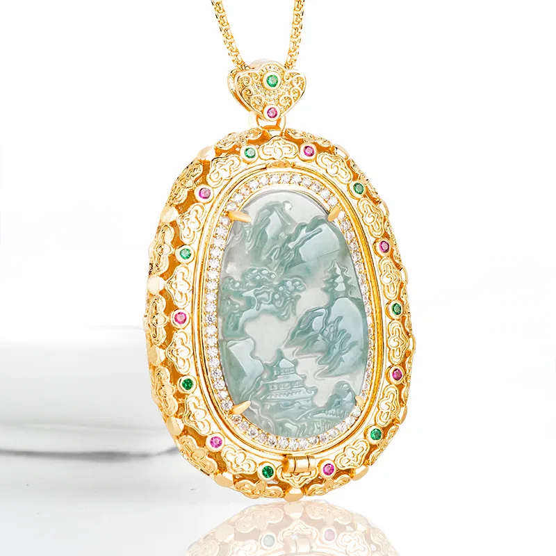 Natural A-grade Jade Blue Water Landscape Brand Copper Plated Gold Inlaid Ice Jadeite Pendant For Men's Charms Women's Jewelry