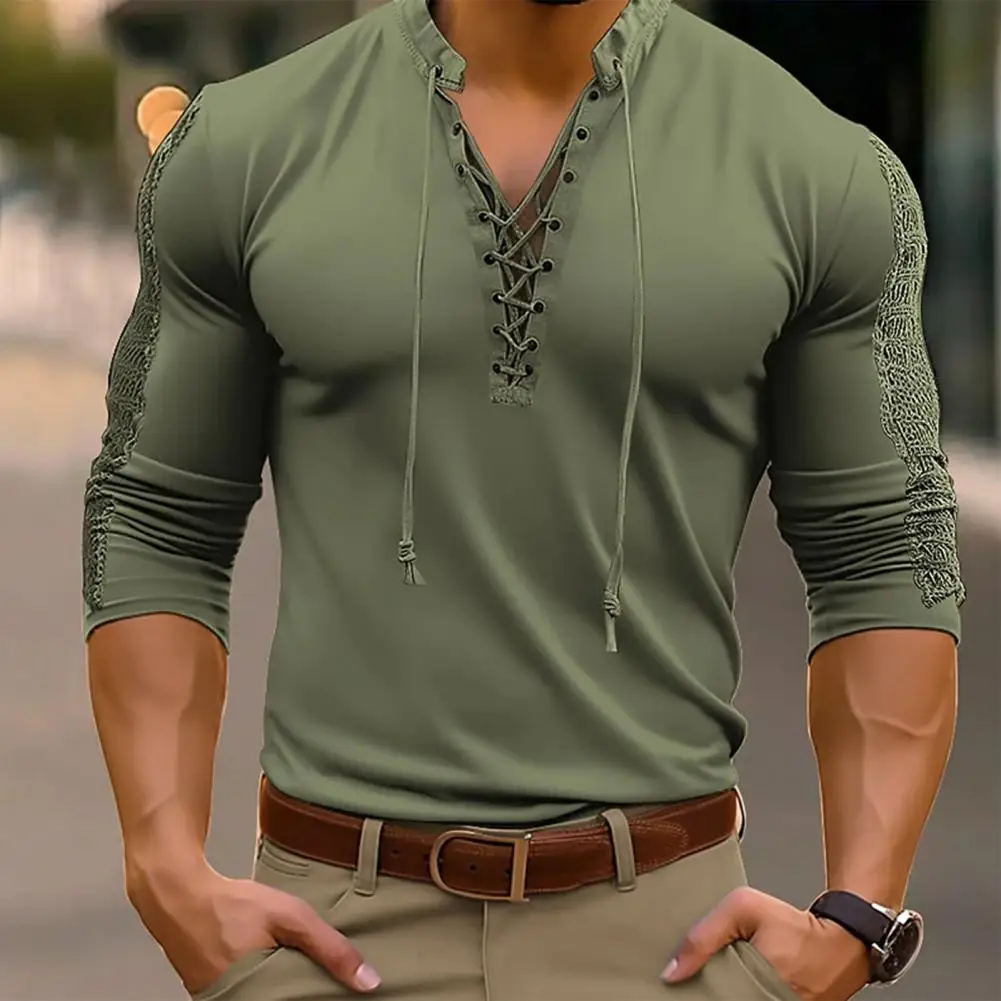 

Men Lace-up V-neck Top Men Solid Color Pullover Top High Elastic Men's V-neck Lace Up Long Sleeve Muscle Tops Stylish Adult