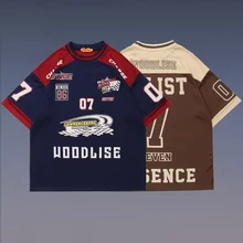  2022 Men Hip Hop Streetwear Retro T Shirt Letter Print Colorblock Tshirt Cotton T-Shirt Short Sleeve Racing Style Tops Tees New 