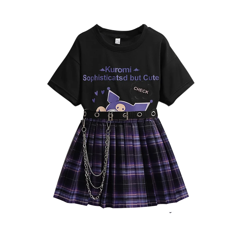 Girls Clothes Suits Kids Fashion Black Cotton T-shirt+skirts+Belt Sets for Girl Teenager Children Clothing For 3-13 Years