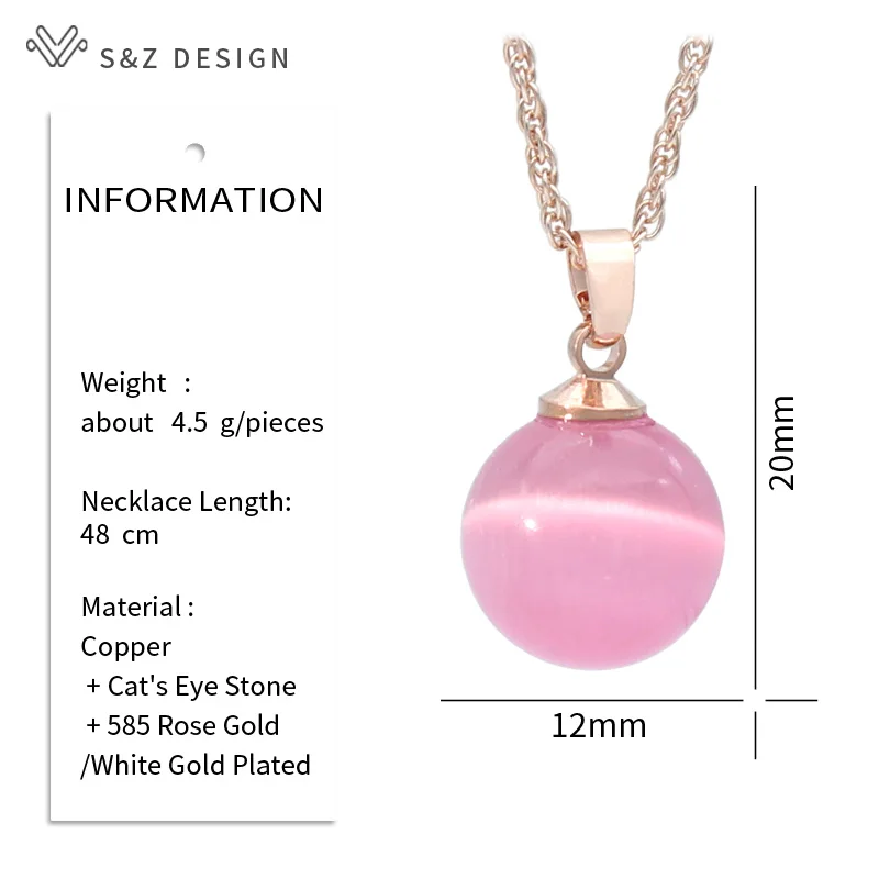 S&Z DESIGN New Fashion 585 Rose Gold Color Round Opals Cat's Eye Beads Pendant Necklace For Women Wedding Party Trendy Jewelry