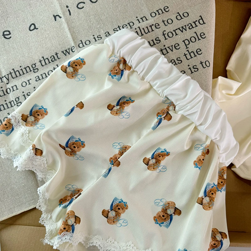 Cutest Bear Print Lace Trim Camis Crop Tops + Slim Fit Shorts Sweet Girl 2 Piece Pajamas Set Korean Style Kawaii Y2K Sleepwear