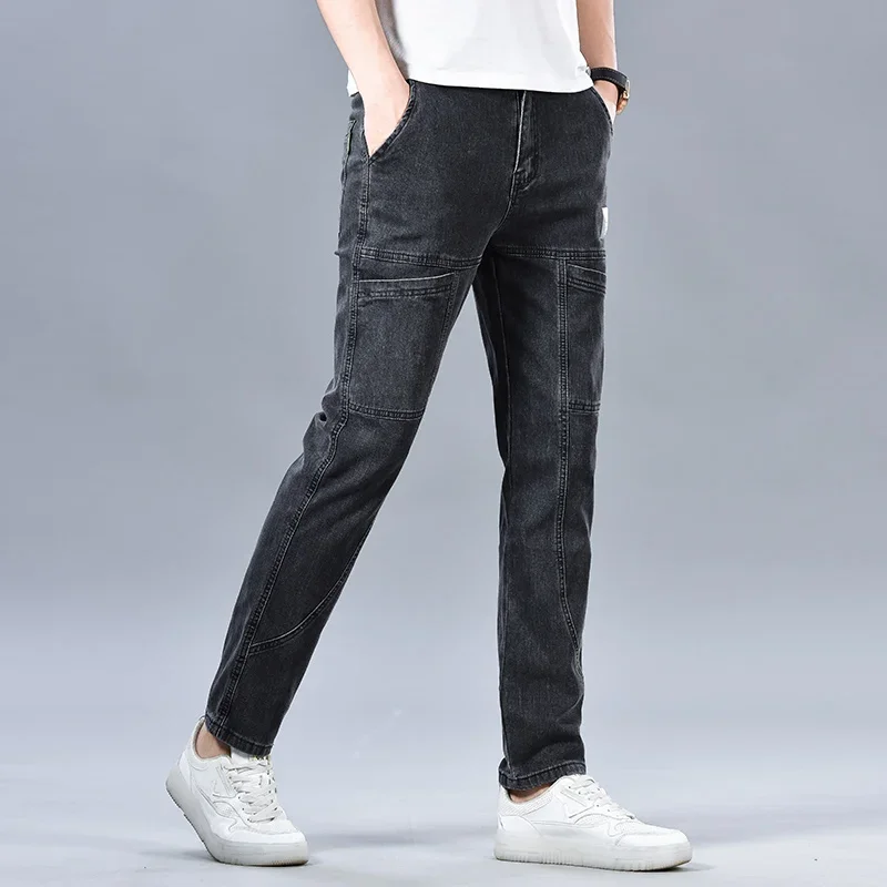2024 Men's Summer Fashion Men's Jeans Multi-pocket Splicing Straight-leg Casual Denim Trousers Personalized Dark Blue Brand 4
