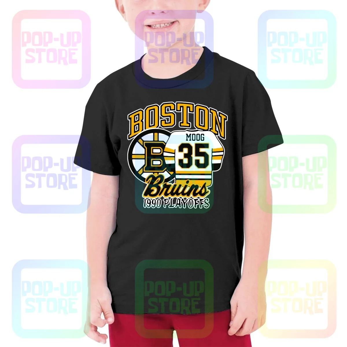 Boston Moog 35 Bruins 1990 Playoffs T-Shirt Per Adolescenti T-Shirt Per Bambini Regalo Retrò Hip Hop Vendita Calda