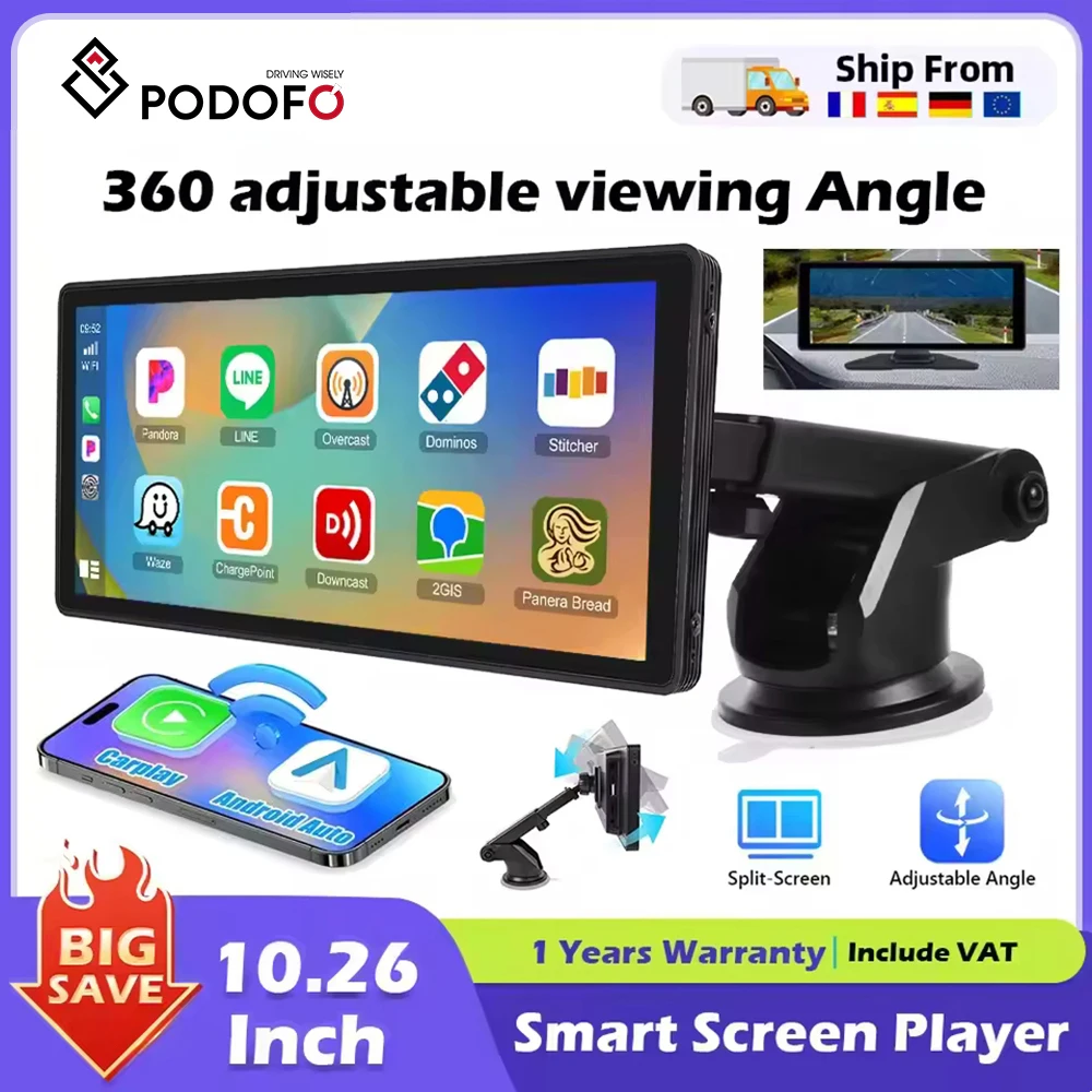 Monitor samochodowy Podofo 10,26 cala, bezprzewodowy CarPlay, Android Auto, odtwarzacz MP5, inteligentny wyświetlacz na deskę rozdzielczą, obsługa Bluetooth, AirPlay, kamera cofania