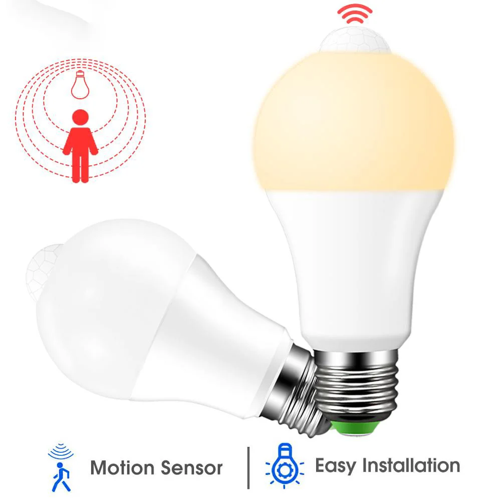 모션 센서 포함 LED 램프, E27 PIR 센서 라이트, 전구 야간 조명, 자동 ON OFF, 민감한 감지기 봄블라, 85-265V, 12W, 9W